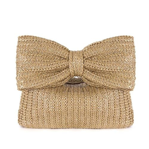 Straw Clutch Purse with Big Bow Handle Bag Summer Straw Handbag Beach Tote Woven Evening Bag for Parties, Wedding,Travel, Khaki | Amazon (US)