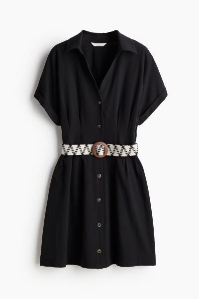 Shirt Dress with Belt - V-neck - Short sleeve - Black - Ladies | H&M US | H&M (US + CA)