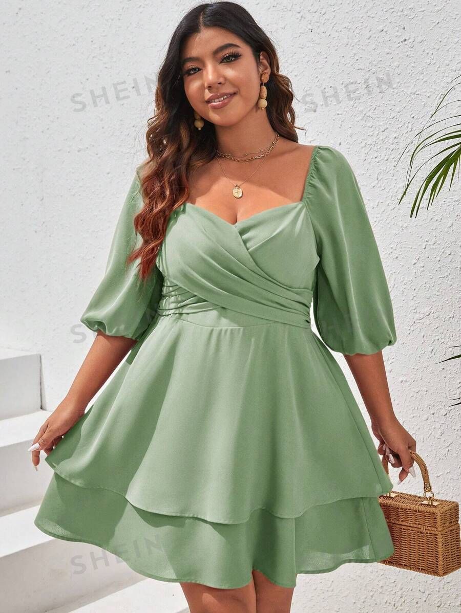 SHEIN VCAY Plus Size Sweetheart Neckline Puff Sleeve Dress | SHEIN