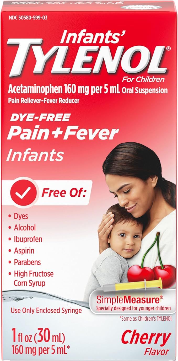 Tylenol Infants' Liquid Medicine with Acetaminophen Pain + Fever Relief Dye Free, Cherry, 1 Fl Oz | Amazon (US)