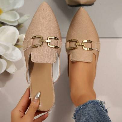 Women Metal Buckle Decor Mule Shoes, Pointed Toe Slip On Loafers, Elegant Versatile Backless Design, Khaki Flat Shoes | SHEIN