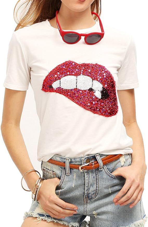 Women's Sequined Sparkely Glittery Lip Print T Shirt Cute Embroidery Teen Girls Tops | Amazon (US)