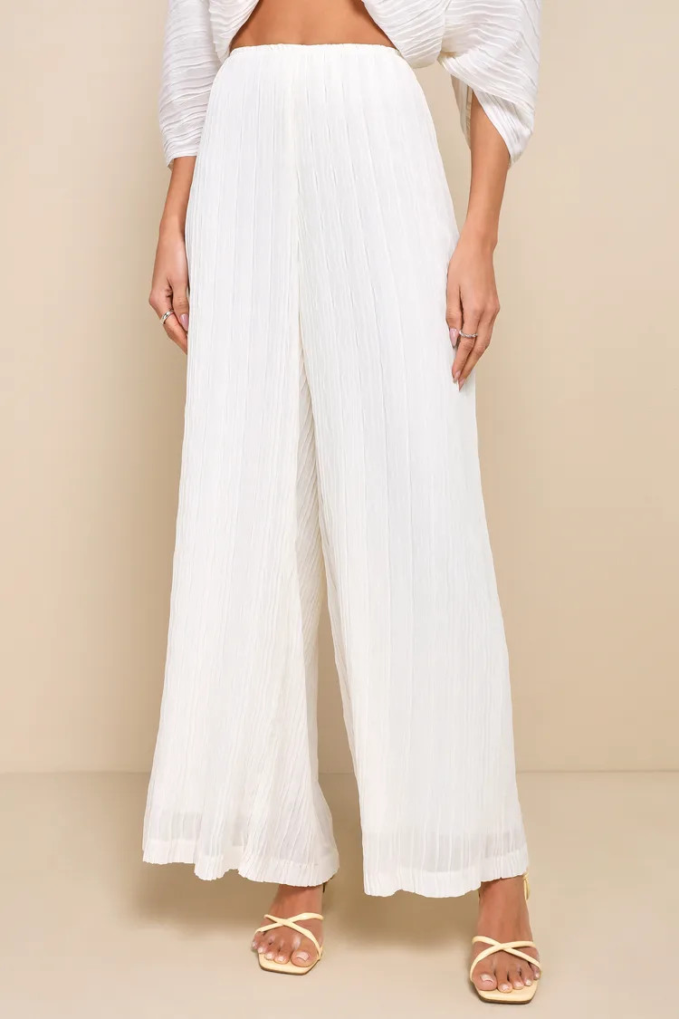 Pristine Presence Ivory Plisse High-Waisted Wide-Leg Pants | Lulus