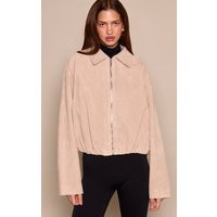 Bone Gathered Hem Zip Up Faux Suede Jacket | PrettyLittleThing UK