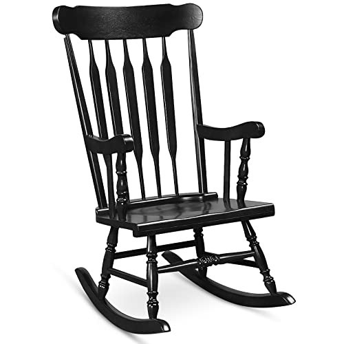 Tangkula Patio Rocking Chair Solid Rubber Wood, Outdoor Porch Rocker Chair with Rubber Wood Frame, Indoor Wooden Rocking Chair, Ideal for Garden, Backyard & Balcony (1, Black) | Amazon (US)