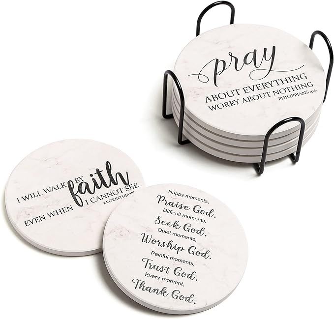 Coasters for Drinks with Bible Verses, Set of 6 Absorbent Drinks Coasters with Holder Ceramic Dri... | Amazon (US)