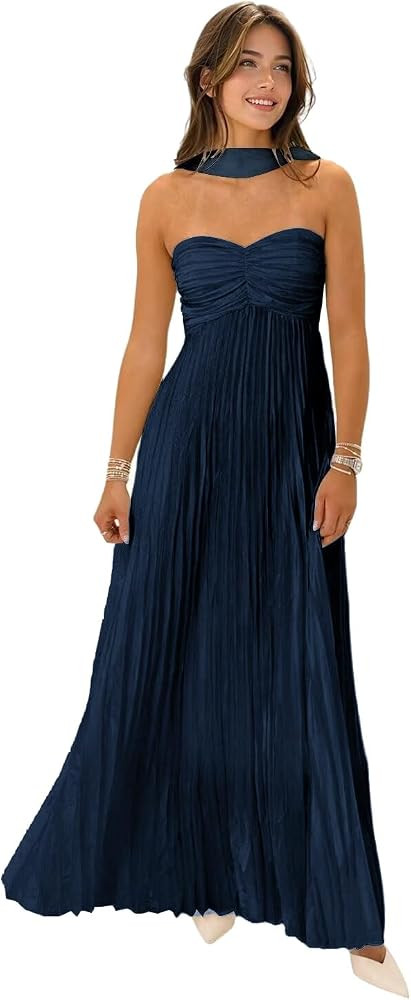 Women's Strapless Chiffon Bridesmaid Dresses with Scarf Long Pleated Formal Dress 2026 A Line Wed... | Amazon (US)