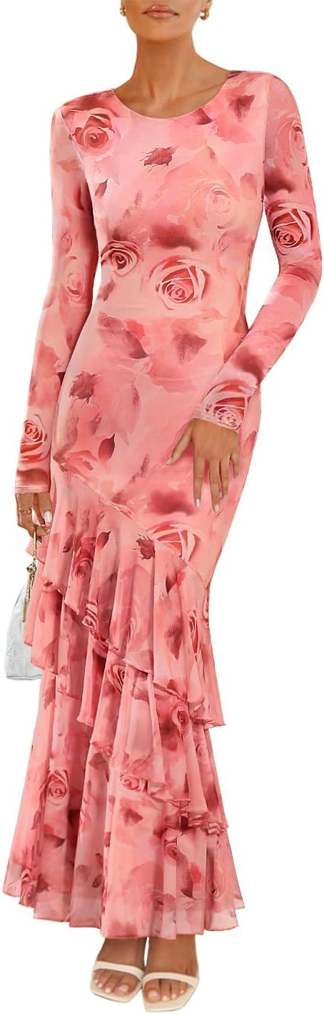 ZESICA Women's Fall Floral Wedding Guest Bodycon Dresses 2025 Long Sleeve Crewneck Mesh Ruffle Me... | Amazon (US)