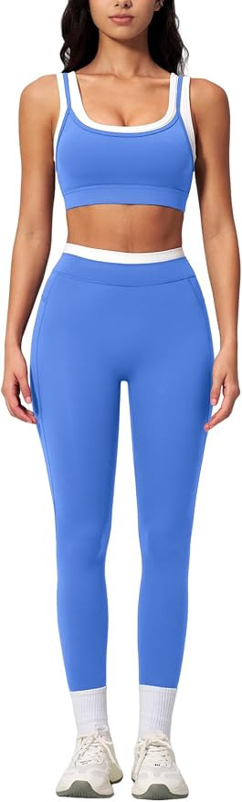 Womens Workout Set Two Piece U Back Color Block Sports Bra Matching High Waist Leggings Gym Pilat... | Amazon (US)
