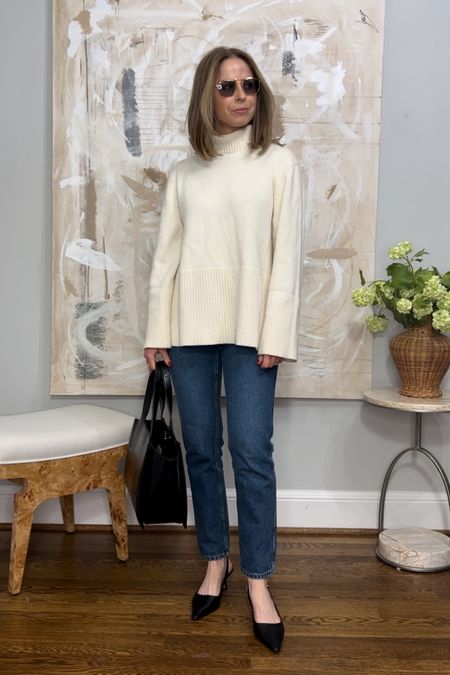 Minimal classic outfit inspo
Ivory turtleneck sweater
Sezane jeans
Curated mock croc tote bag
Sam Edelman slingback heels
Vehla slingbacks 

#LTKshoecrush #LTKstyletip