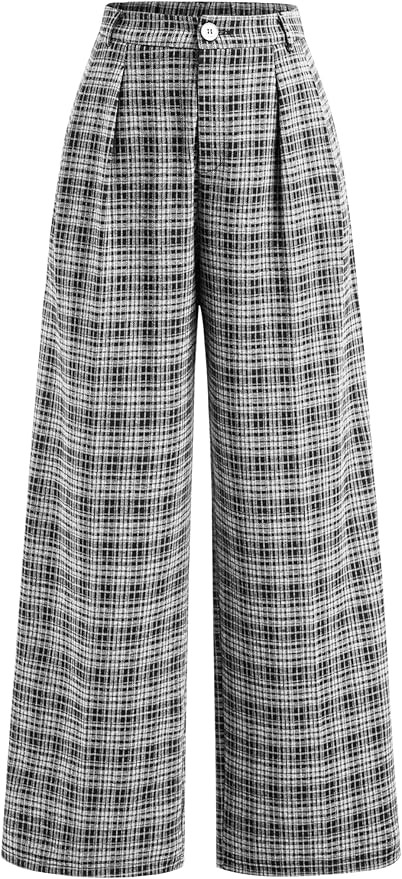 CIDER Plaid Wide Leg Pants for Women with Pockets Mid Waist Checkered Pants Business Casual Trous... | Amazon (US)