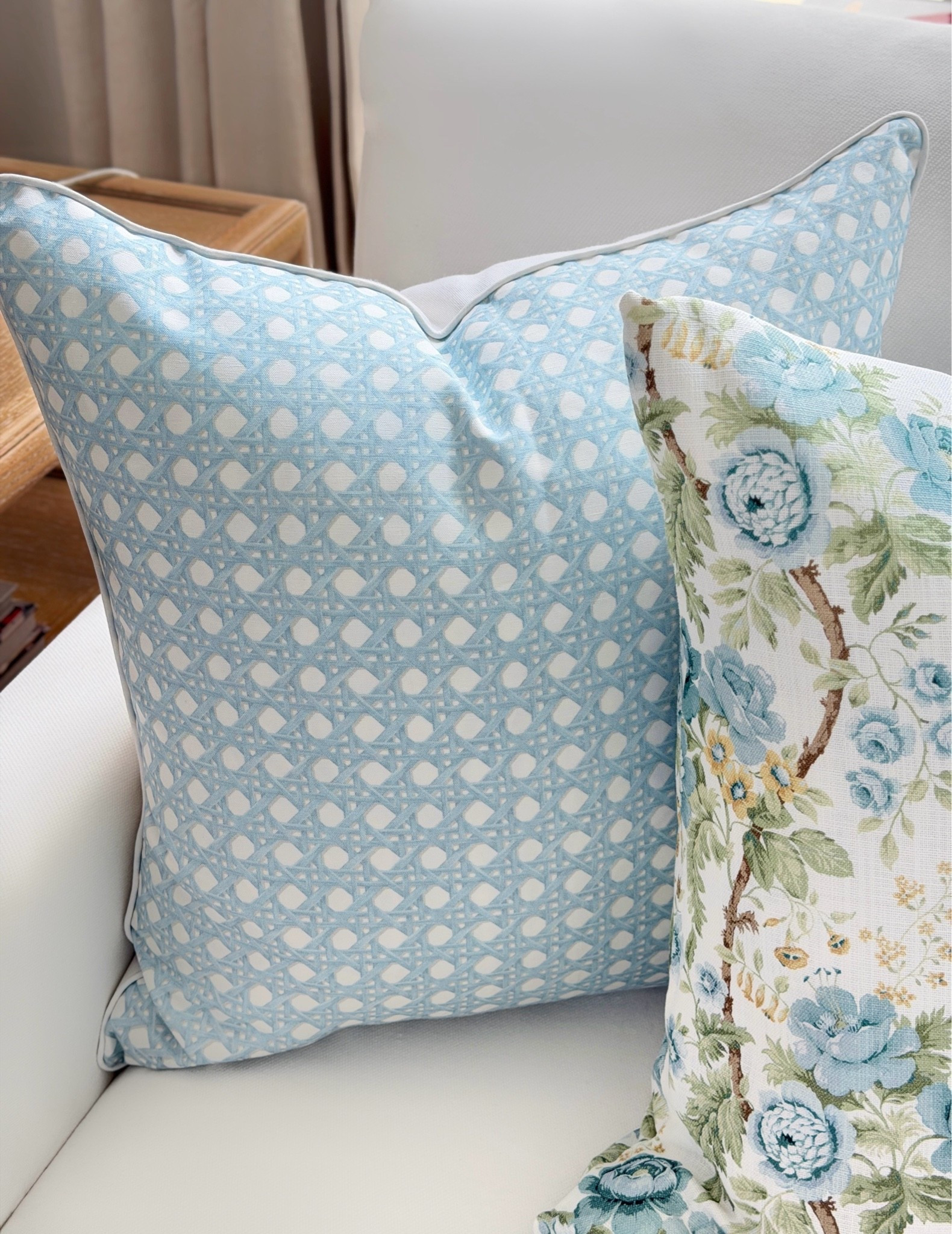 Etsy pillow cover 💙 affordable blue cane print pillows, summer pillowscape, spring pillow,  blue and white cane lattice trellis pattern traditional coastal grand millennial floral pillows