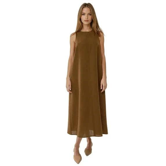 Linen Feel Sleeveless Crew Neck Midi Dress | Walmart (US)