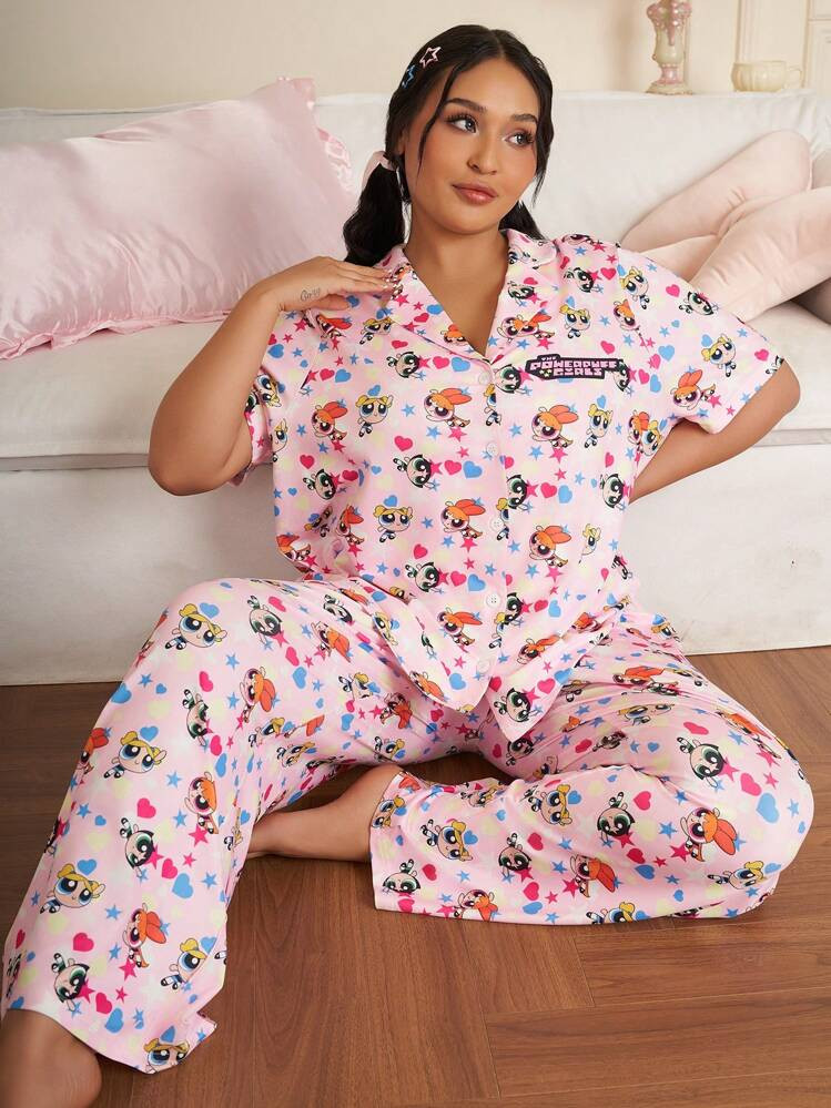 THE POWERPUFF GIRLS X SHEIN Plus Size Blossom, Bubbles, Buttercup Pattern Short Sleeve Top & Long... | SHEIN