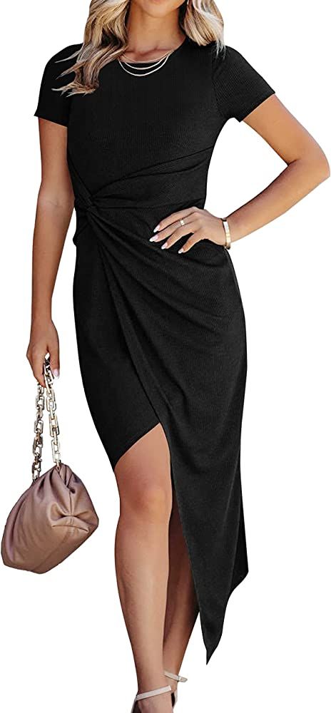 ANRABESS Women's 2023 Summer Ruched Bodycon Dress Short Sleeve Wrap Asymmetric Cocktail Party Mid... | Amazon (US)