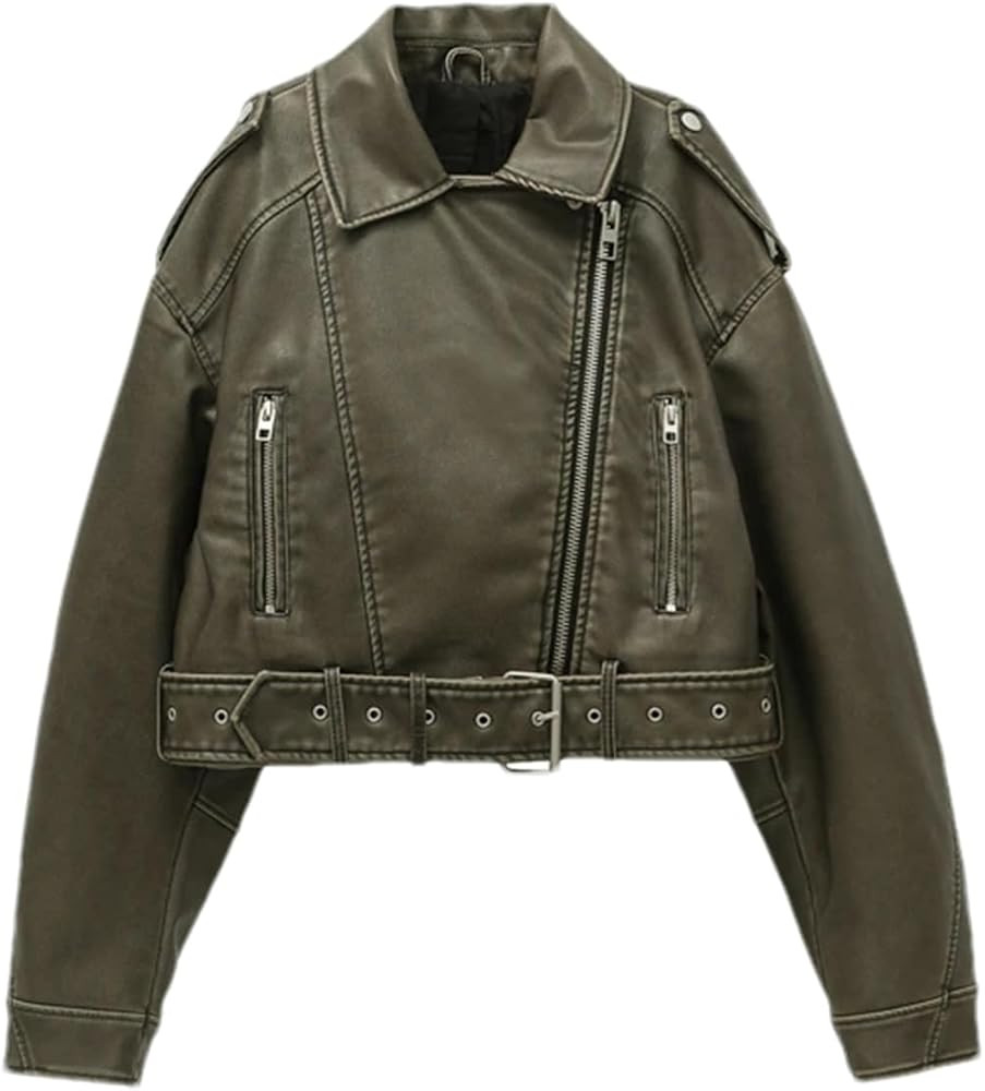 Women Vintage Loose Pu Faux Leather Short Jacket With Belt Streetwear Female Zipper Retro Moto Bi... | Amazon (US)
