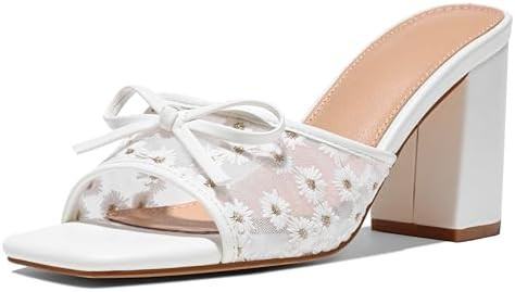 Erocalli Chunky Heels for Women Block Mules Sandals Square Open Toe - Bow, Summer, Raffia, Slip O... | Amazon (US)