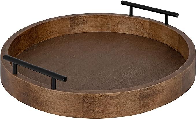 Kate and Laurel Lipton Modern Round Wood Tray, 15.5" Diameter, Rustic Brown with Black Handles, D... | Amazon (US)