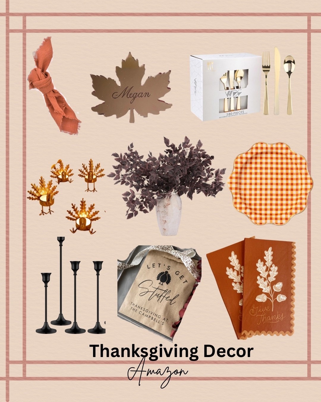 If you’re hosting Thanksgiving (or just want your table to look like you are 😂), these Amazon decor finds are EVERYTHING 🦃🍂 Personalized place cards, gingham plates, moody candle holders & that ‘let’s get stuffed’ apron is iconic. Linking all in my LTK!
#ThanksgivingDecor #AmazonHome #FallTablescape #ThanksgivingVibes #HostingSeason #FriendsgivingReady #AmazonFinds #HolidayDecor #LTKHome #CozySeason #TablescapeGoals #HomeOnABudget

#LTKSeasonal #LTKHoliday #LTKHome