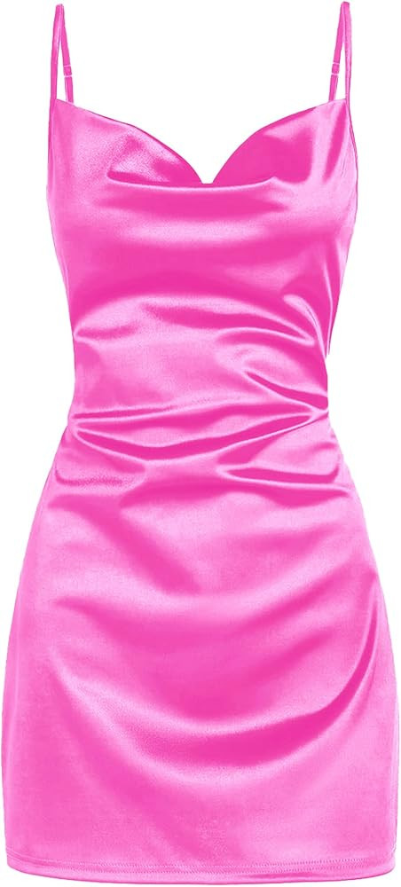 ZAFUL Women's Satin Sleeveless Spaghetti Strap Mini Dress Side Slit Cowl Neck Cocktail Party Dres... | Amazon (US)