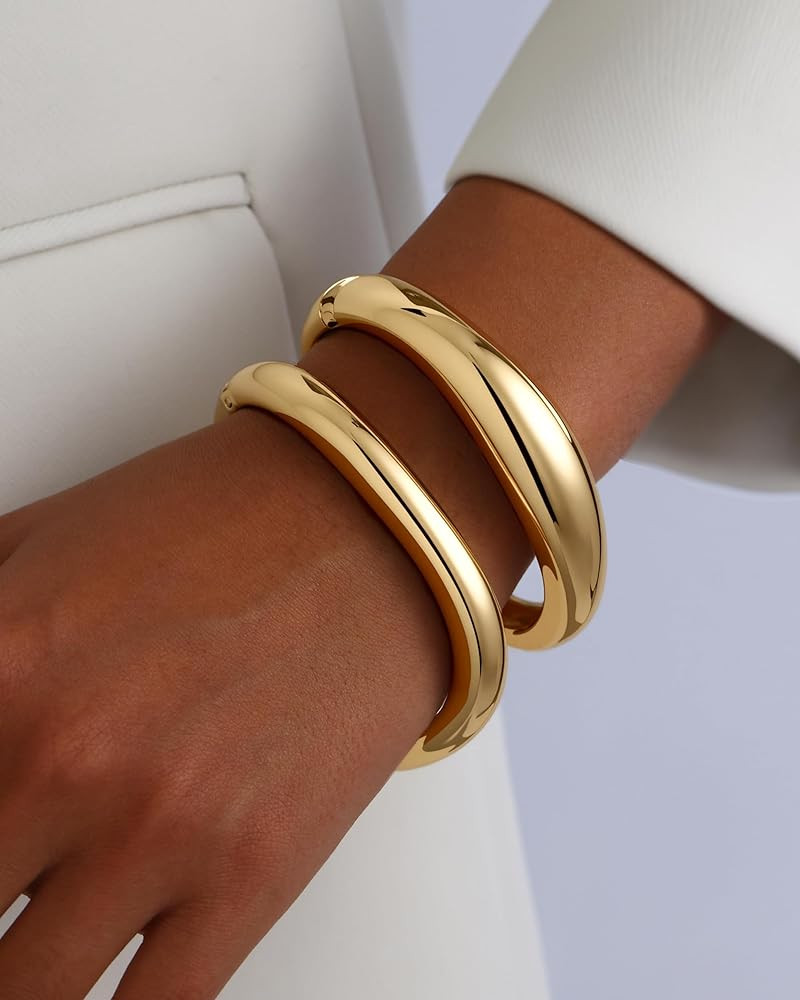 2pcs Gold Bangle Bracelets for Women, Trendy Hinged Cuff Open Wide Chunky Gold Bracelet Stack Arm... | Amazon (US)