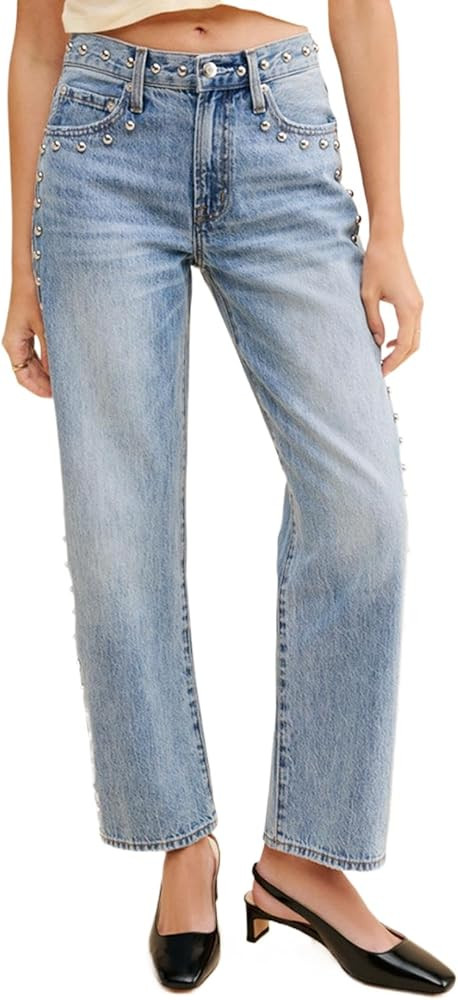D-Sun Women's Studded Mid Rise Straight Jeans Wide Leg Casual Jeans Rivet Baggy Denim Pants | Amazon (US)