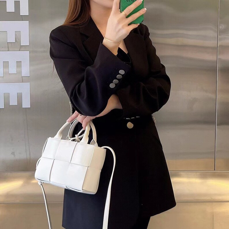 intrecciato tote nano real leather tote basket bag crossbody full grain leather handheld bag Whit... | Etsy (US)