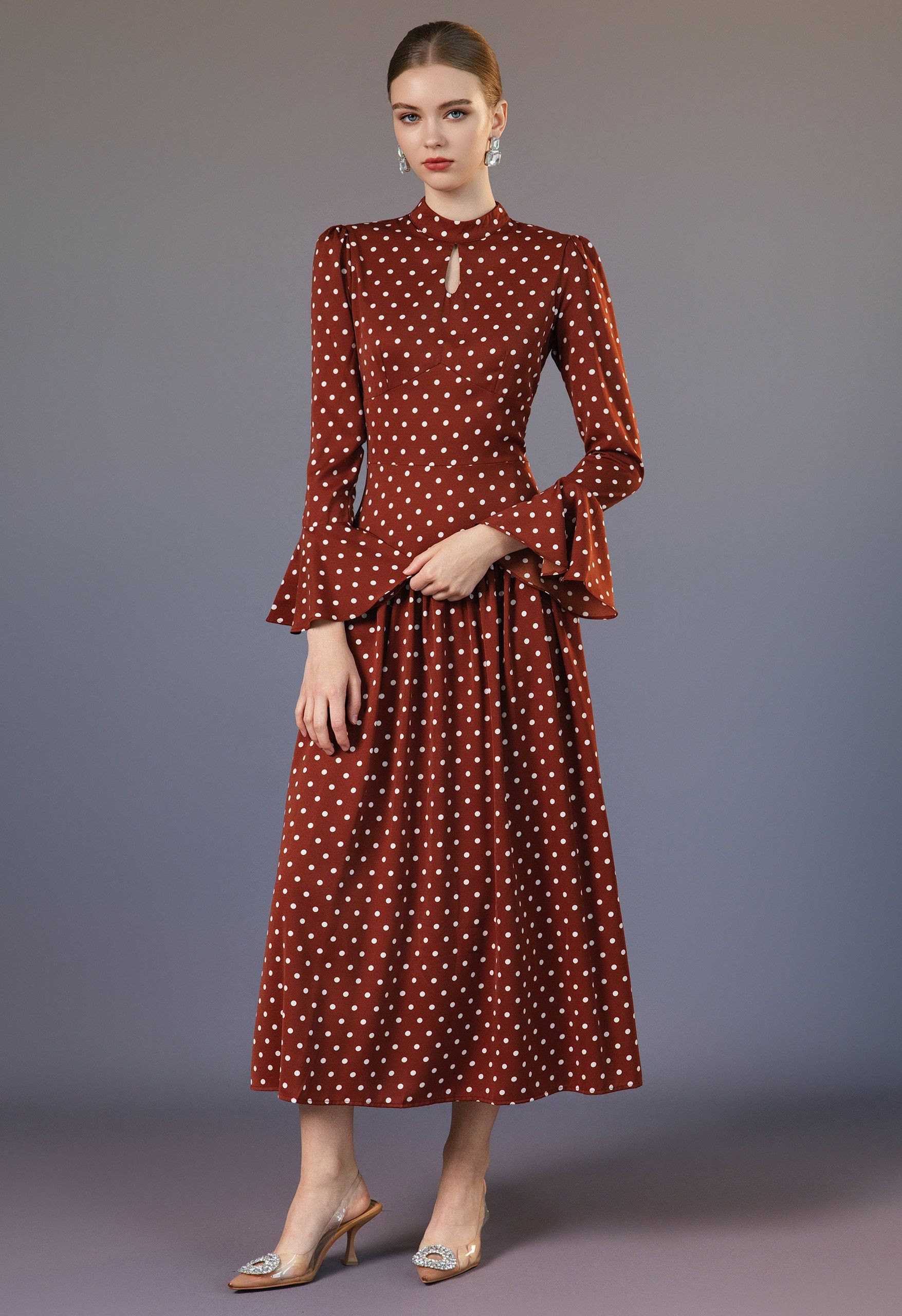 Polka Dots Keyhole Neck Lace-Up Maxi Dress in Red for Retro Date & Dinner Party | Chicwish
