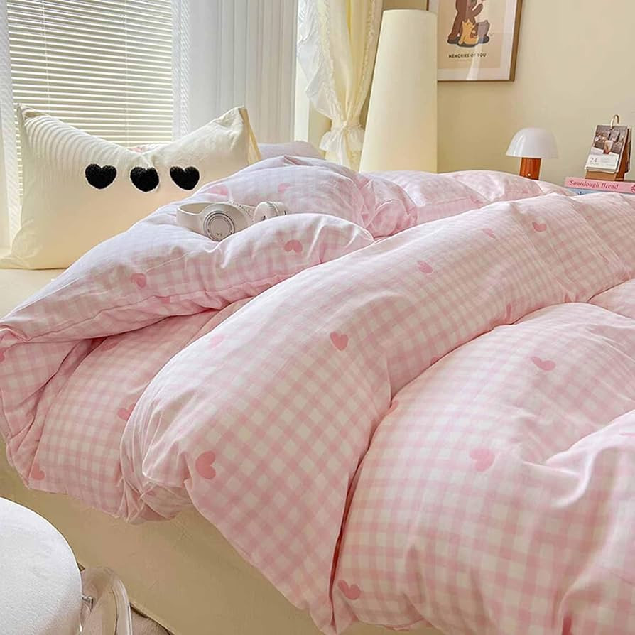 Faincy Pink and White Grid Duvet Cover Twin Size - Love Heart Plaid Buffalo Check Gingham Pattern... | Amazon (US)