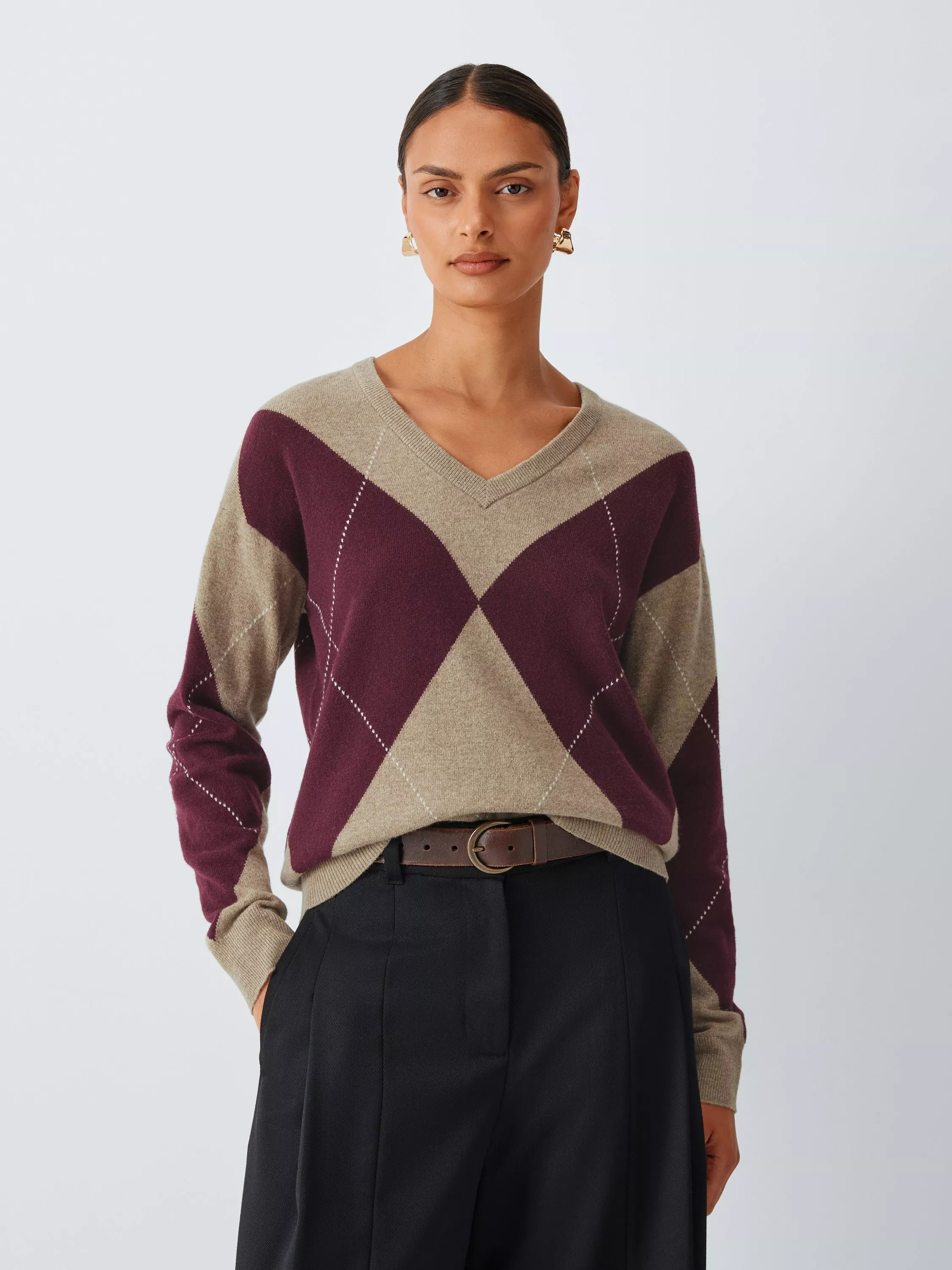 John Lewis Argyle Wool Rich Knit V-Neck Jumper, Beige | John Lewis (UK)