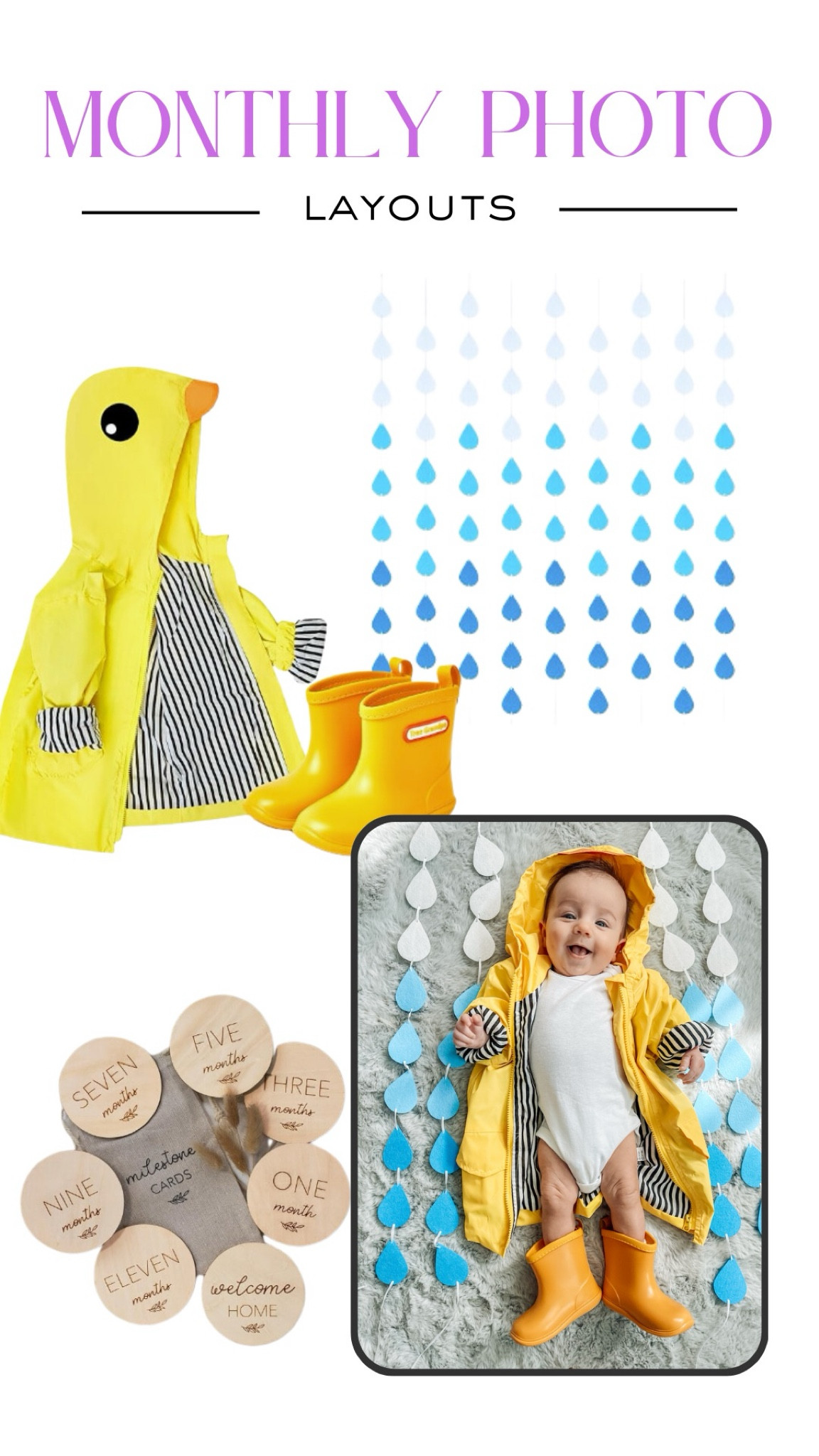 Milestone photos, baby photos, milestone cards, baby photos, April showers, baby rain boots, baby rain jacket

#LTKFindsUnder50 #LTKBaby #LTKBump