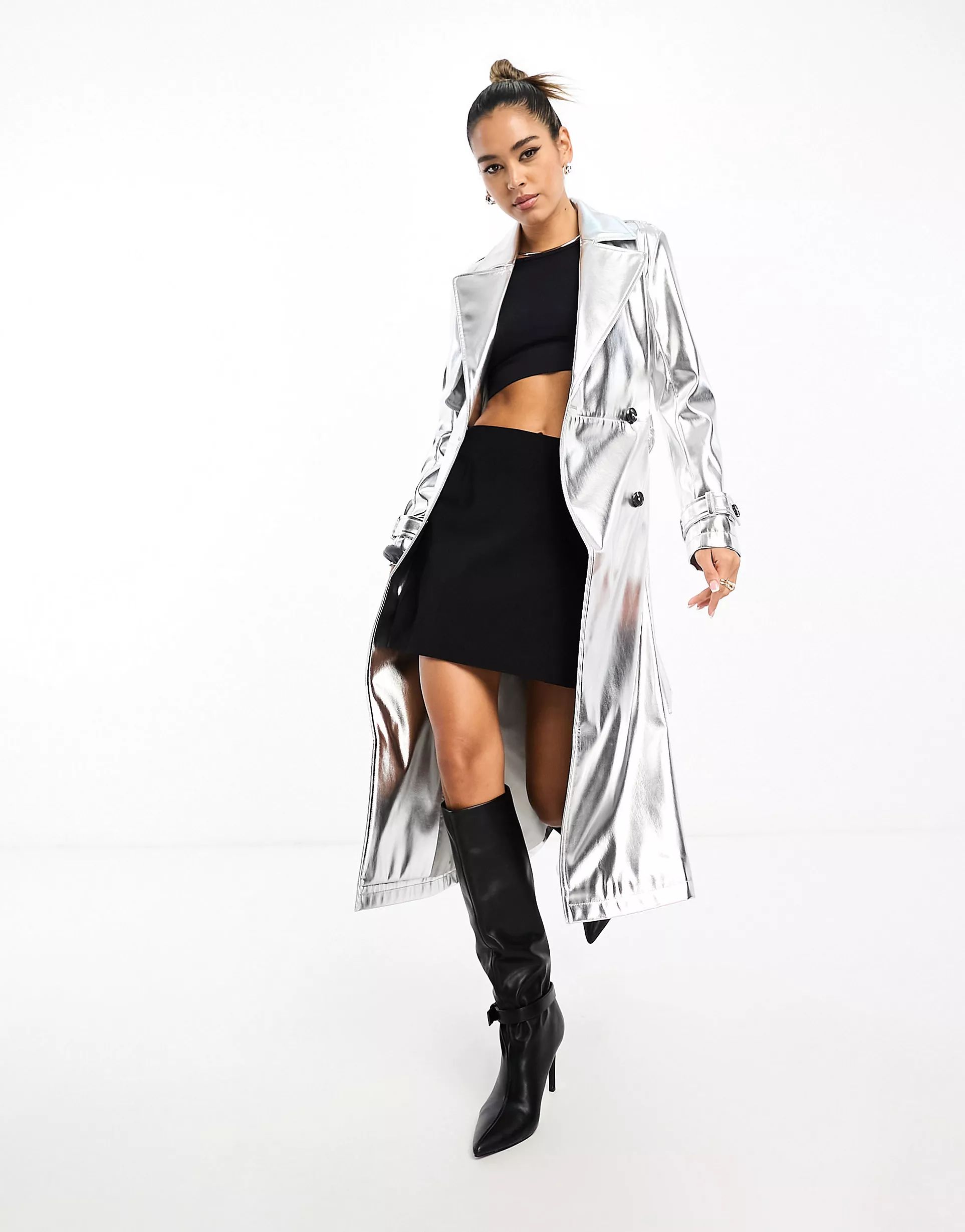 Never Fully Dressed metallic PU midaxi trench coat in silver | ASOS | ASOS (Global)