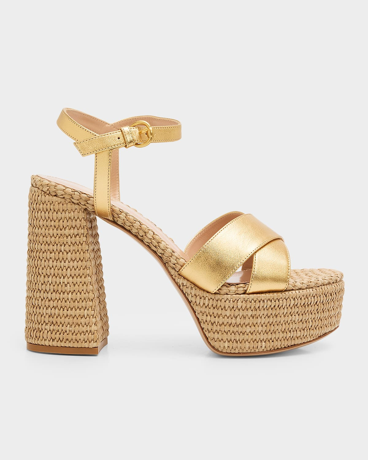 90mm Bebe Metallic Nappa Leather and Raffia Platform Sandals | Neiman Marcus