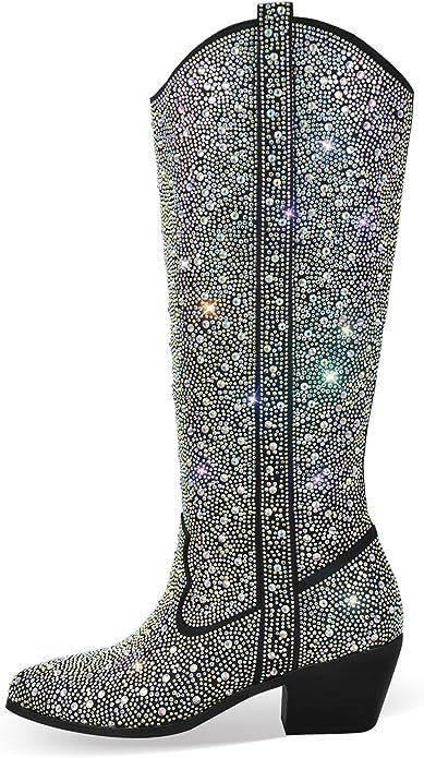 Richealnana Knee High Boots for Women Sparkle Rhinestones Clear Gems Calf High Shining Pull-On Bo... | Amazon (US)