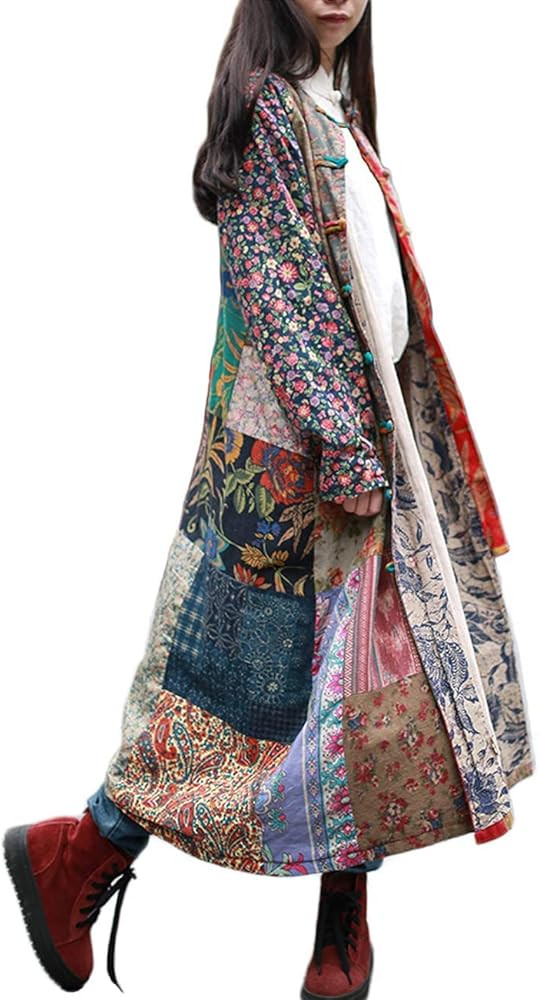 LUZU JUNU Women's Penny Lane Trench Coat Floral Patchwork Duster, Cotton Linen Frog Button Boho C... | Amazon (US)