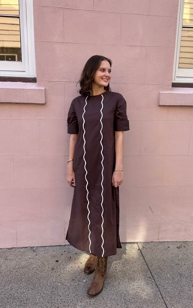 Anne Maxi Dress Brown with White Scallop | Madison Mathews