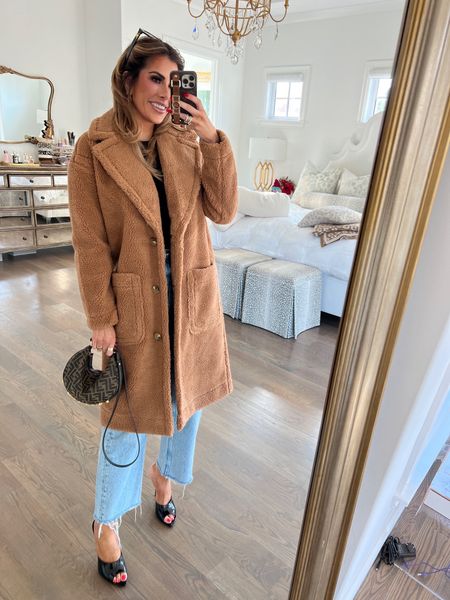 Wearing a small in jacket, XS in top and size 25 in jeans. 

Fall fashion, winter fashion, Sherpa coat, black heels, best jeans, Anine Bing, women’s coat, affordable fashion, Emily Ann Gemma 

#LTKstyletip