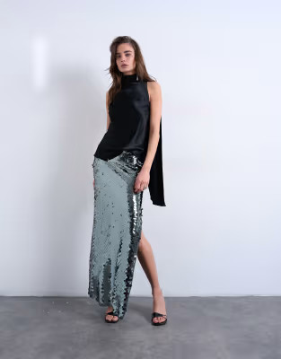 Topshop sequin column maxi skirt in silver | ASOS (Global)