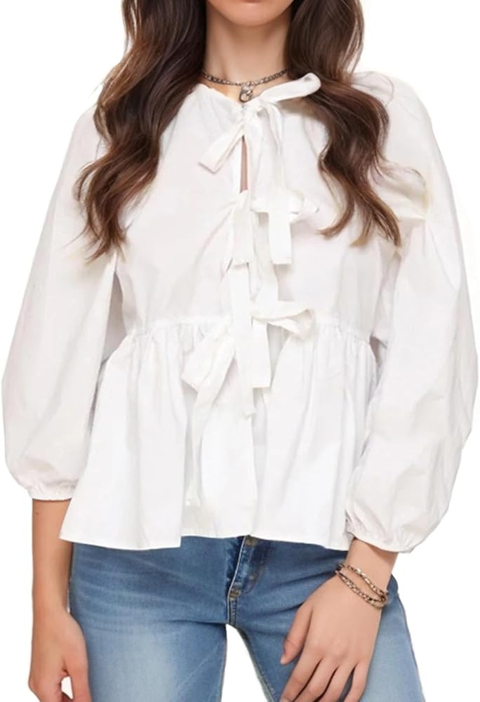 Rapbin Front Tie Blouse for Women 3/4 Puff Sleeve Babydoll Tops | Amazon (US)
