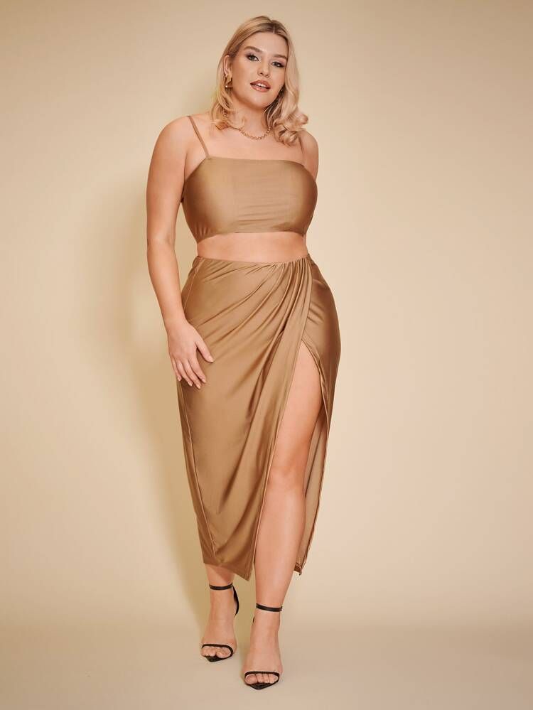 SHEIN Plus Solid Crop Cami Top & Wrap Ruched Skirt Set | SHEIN