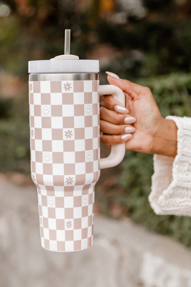 Sippin' Pretty Neutral Smiley and Daisy Checkered 40oz Drink Tumbler With Lid And Straw | Pink Lily