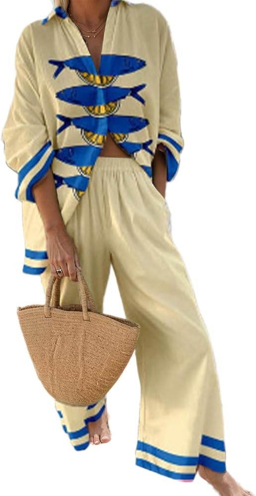 Akivide Women's 2 Piece Outfits Beach Vacation Sets Hawaiian Tropical Long Sleeve Button Down Shi... | Amazon (US)