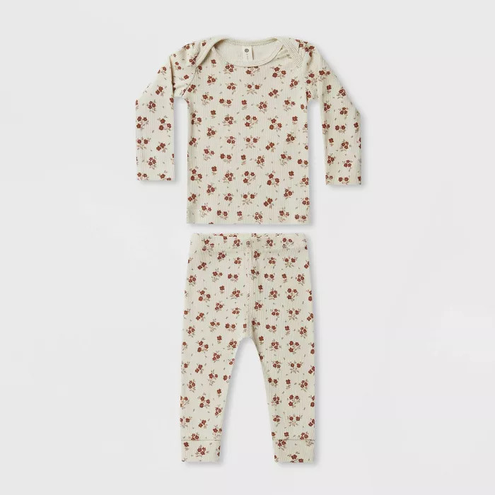 Q by Quincy Mae Baby Girls' 2pc Floral Ribbed Long Sleeve Top & Pants Set - Ivory | Target