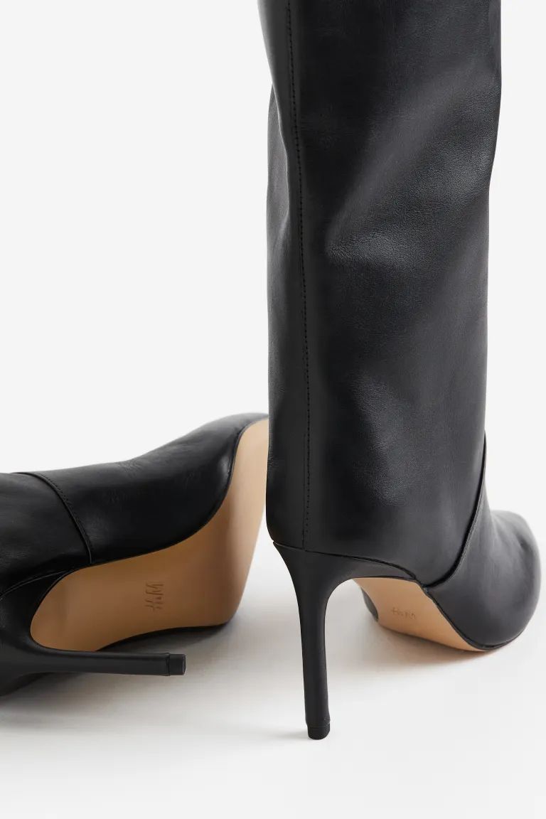 Knee-high heeled leather boots - Black - Ladies | H&M GB | H&M (UK, MY, IN, SG, PH, TW, HK)