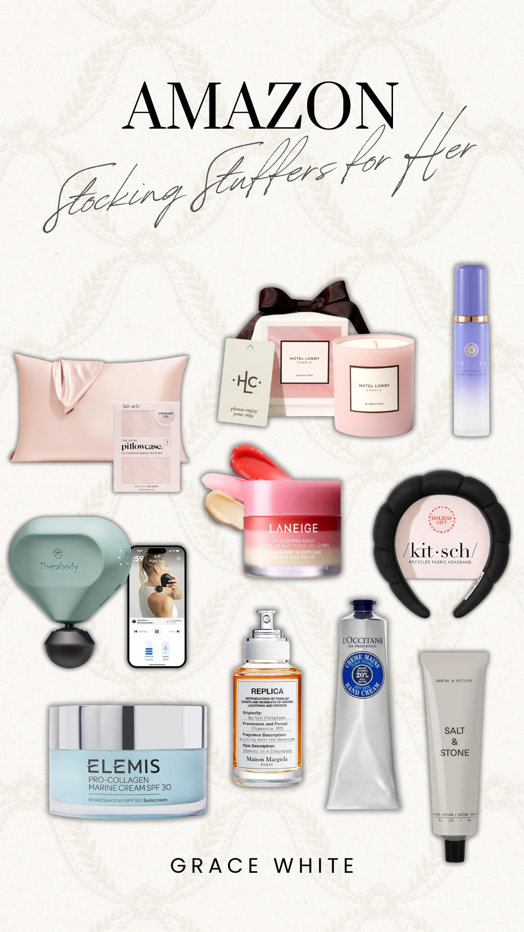 Stocking stuffers to make her smile! 

stocking stuffers, gift ideas, beauty gifts, spa gifts, stocking stuffers for her, massage gun, candle, satin pillowcase, skincare, Grace White 

 #LTKGiftGuide #LTKHoliday #LTKBeauty