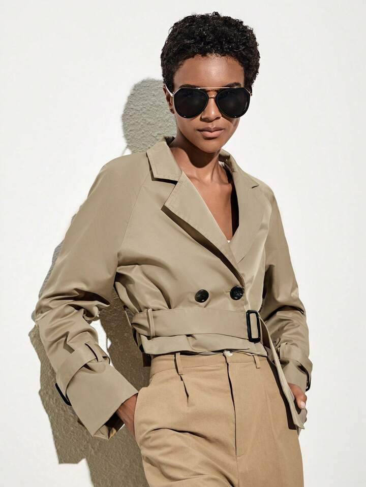 SHEIN BIZwear Double Breasted Raglan Sleeve Belted Trench Coat | SHEIN