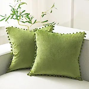 Phantoscope Pack of 2 Pom Poms Velvet Decorative Throw Pillow Covers Soft Solid Square Cushion Ca... | Amazon (US)