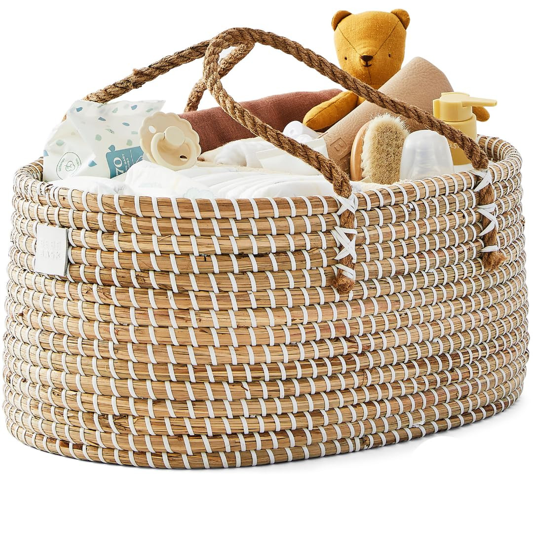 Premium Baby Diaper Caddy Organizer - Handmade - Seagrass Basket With Cotton Divider - Award-Winning & Luxury Diaper Caddy Basket - White (NATURAL) | Amazon (US)