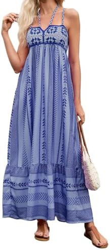 ABYOVRT Women Boho Maxi Dress Crochet Patchwork Sleeveless Long Flowy Swing Dress Pink Beach Sund... | Amazon (US)