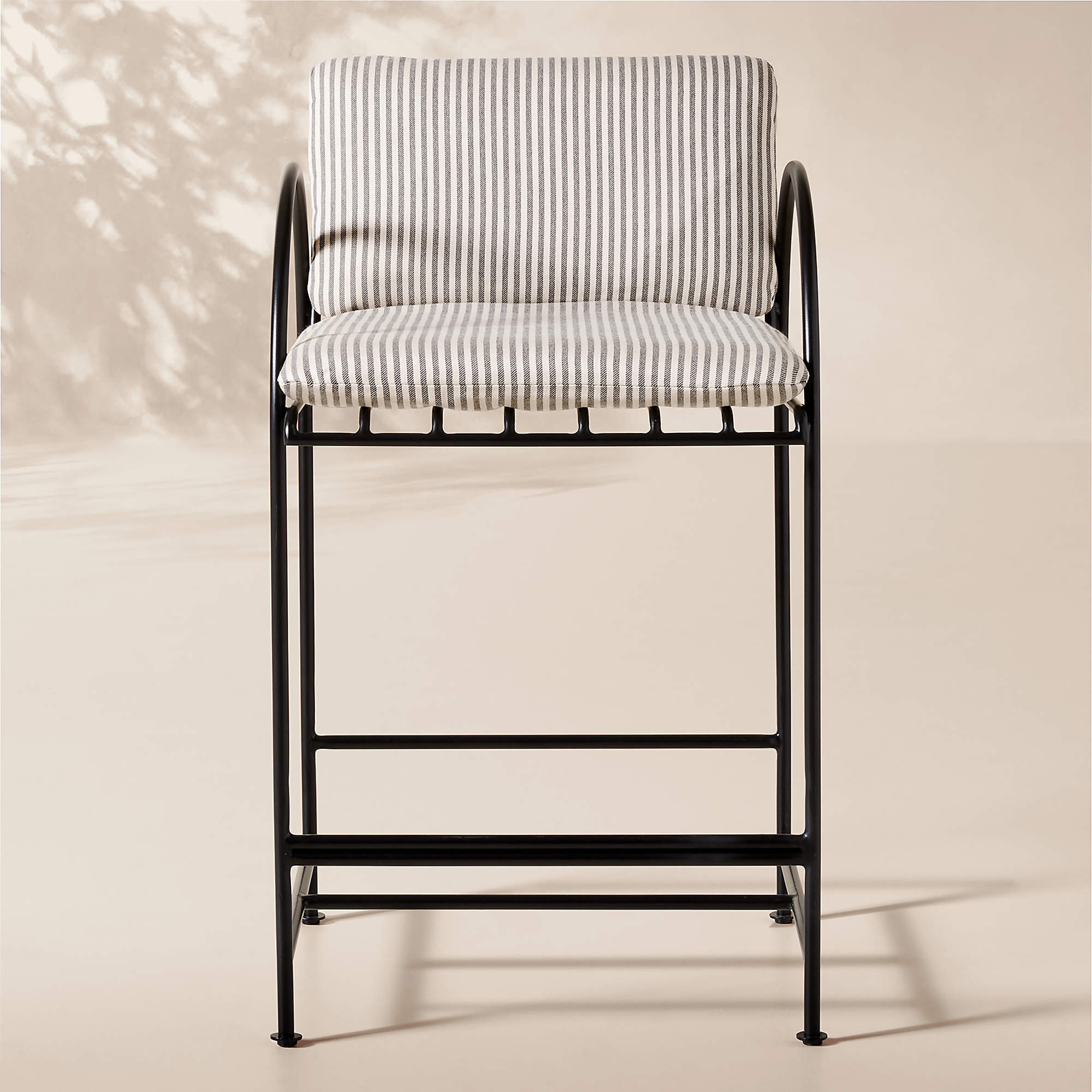 Costa Black Metal Outdoor Counter Stool with Black and White Striped Sunbrella Cushion | CB2 | CB2
